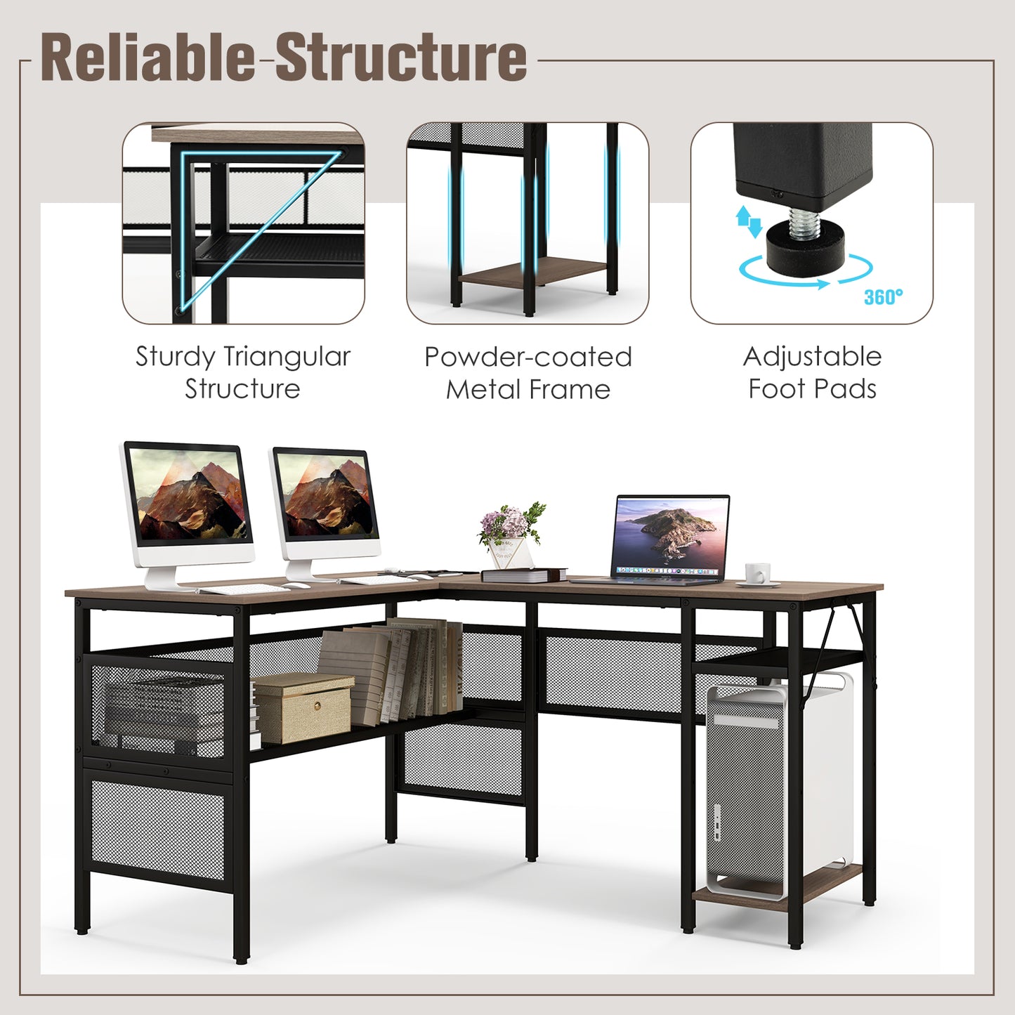 Topbuy L Shaped Desk with Charging Station 55?¡À Reversible Corner Computer Desk with Mesh Storage Shelves CPU Stand 2 Person Gaming Desk
