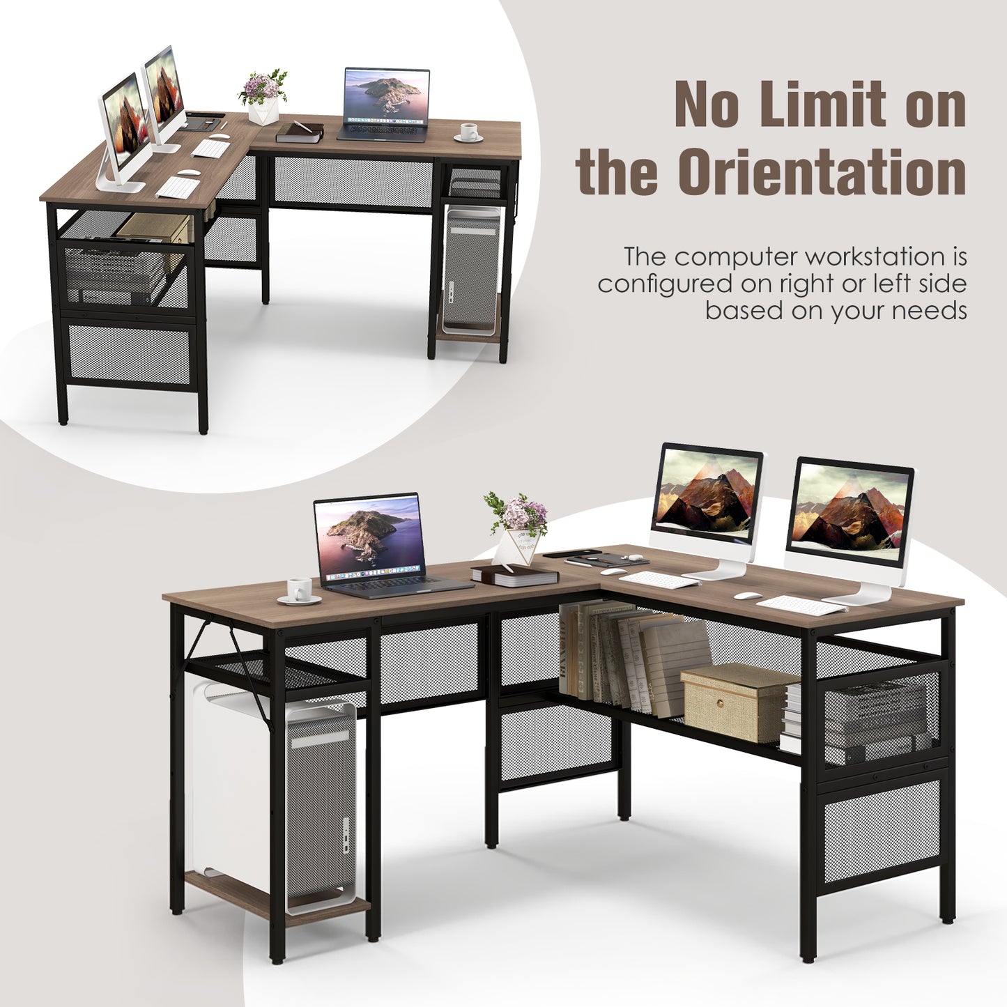 Topbuy L Shaped Desk with Charging Station 55?¡À Reversible Corner Computer Desk with Mesh Storage Shelves CPU Stand 2 Person Gaming Desk