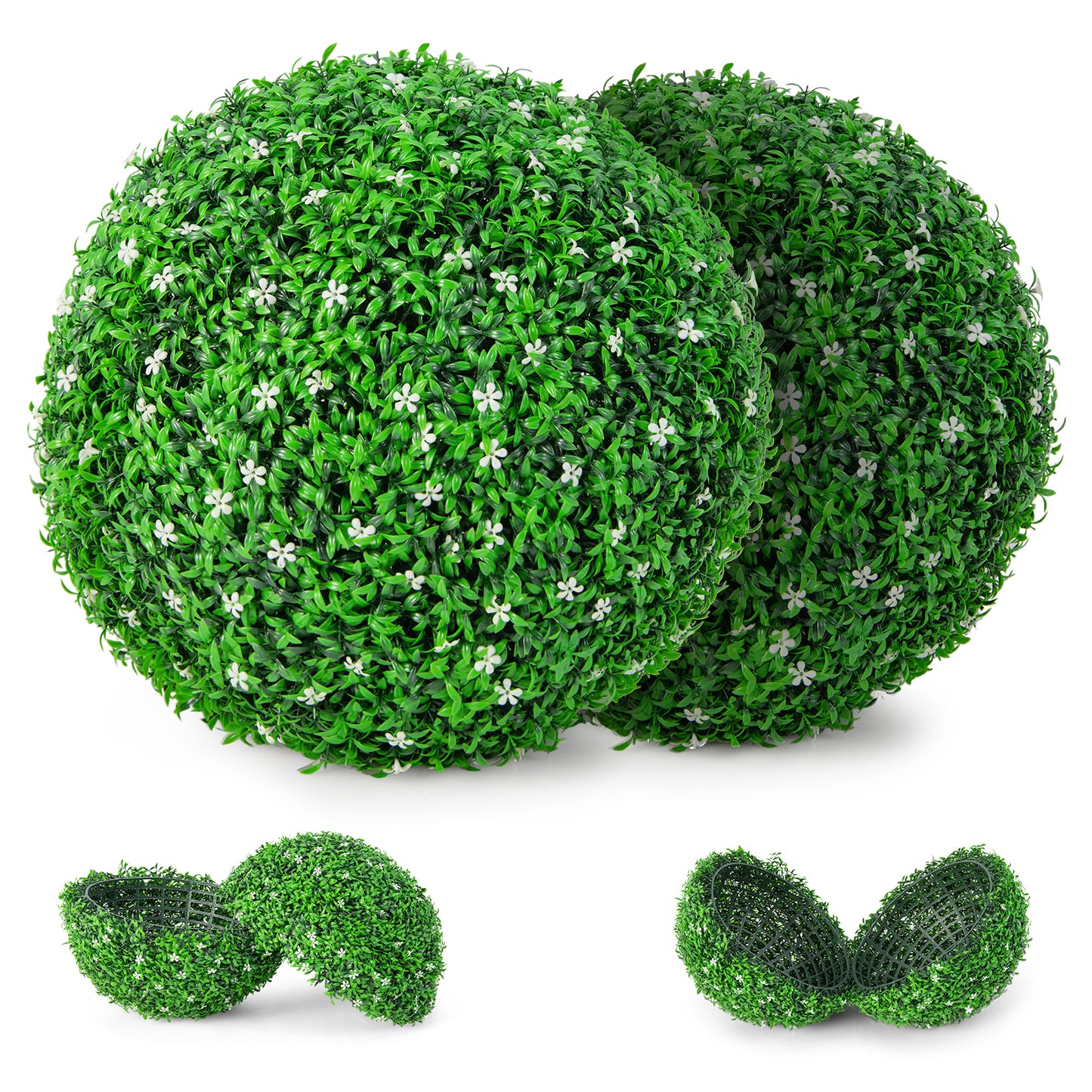 Topbuy 2 PCS Artificial Boxwood Topiary Balls 19.5''  Faux Plants Decorative Boxwood Balls with White Flowers & Holly Leaves