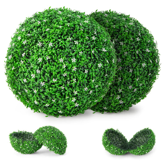 Topbuy 2 PCS Artificial Boxwood Topiary Balls 19.5''  Faux Plants Decorative Boxwood Balls with White Flowers & Holly Leaves