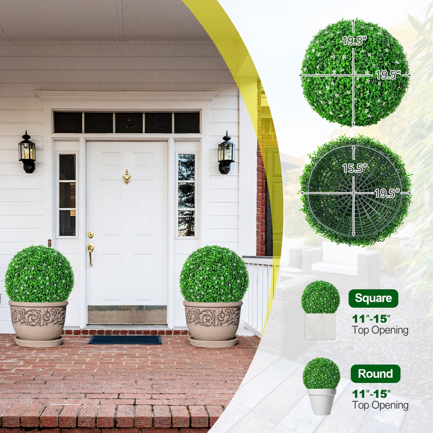 Topbuy 2 PCS Artificial Boxwood Topiary Balls 19.5''  Faux Plants Decorative Boxwood Balls with White Flowers & Holly Leaves