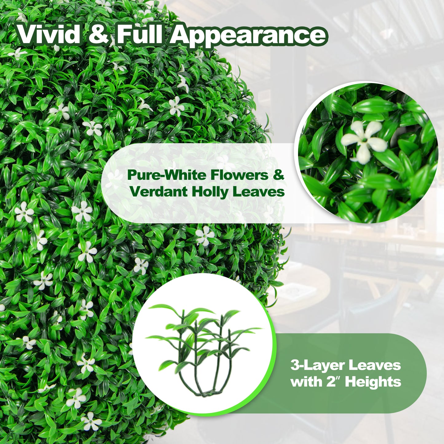 Topbuy 2 PCS Artificial Boxwood Topiary Balls 19.5''  Faux Plants Decorative Boxwood Balls with White Flowers & Holly Leaves