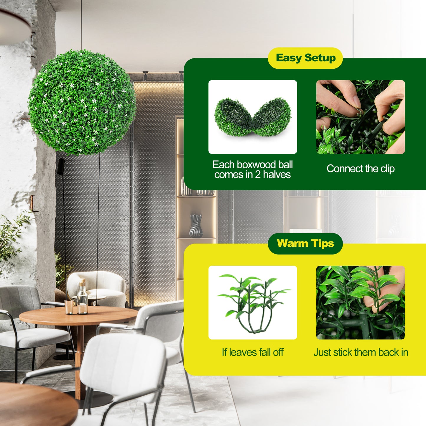 Topbuy 2 PCS Artificial Boxwood Topiary Balls 19.5''  Faux Plants Decorative Boxwood Balls with White Flowers & Holly Leaves