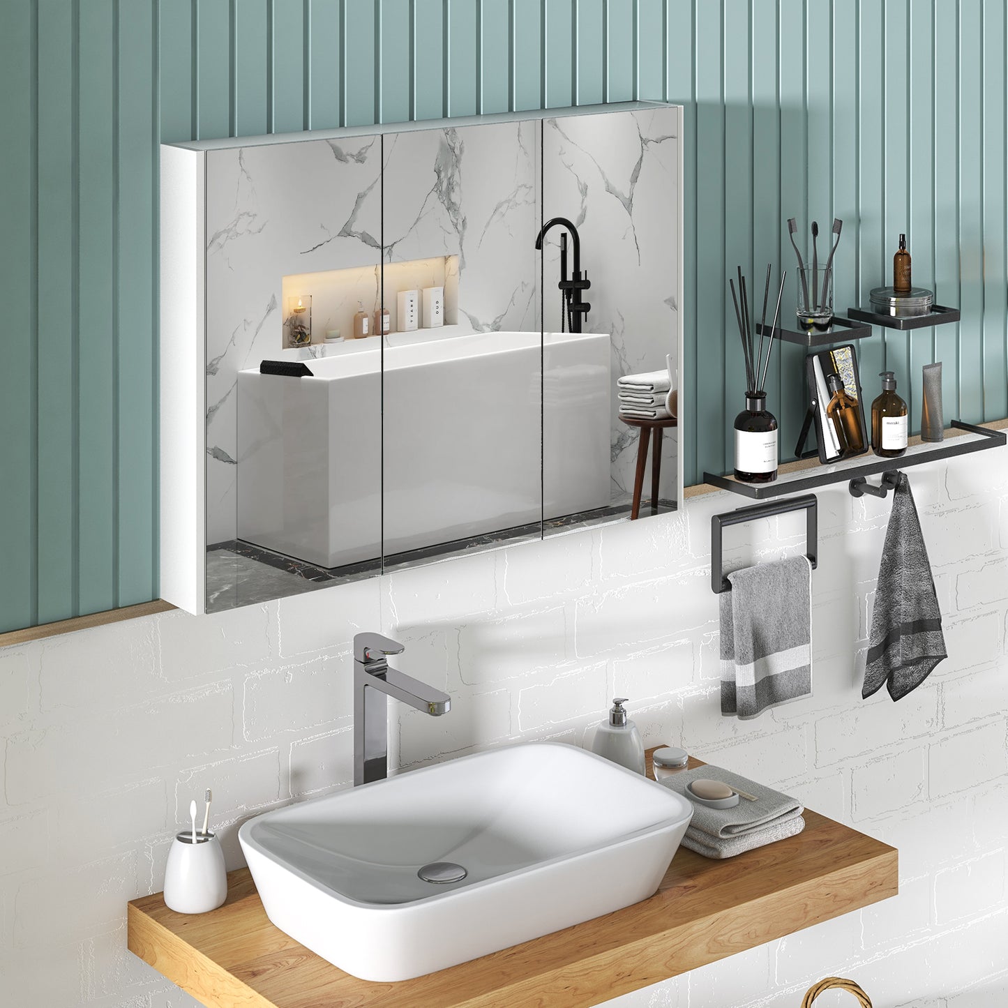 Topbuy Medicine Mirror Cabinet Space Saving Bathroom Wall Cabinet with Metal Hinge Adjustable Shelf Expansion Bolt