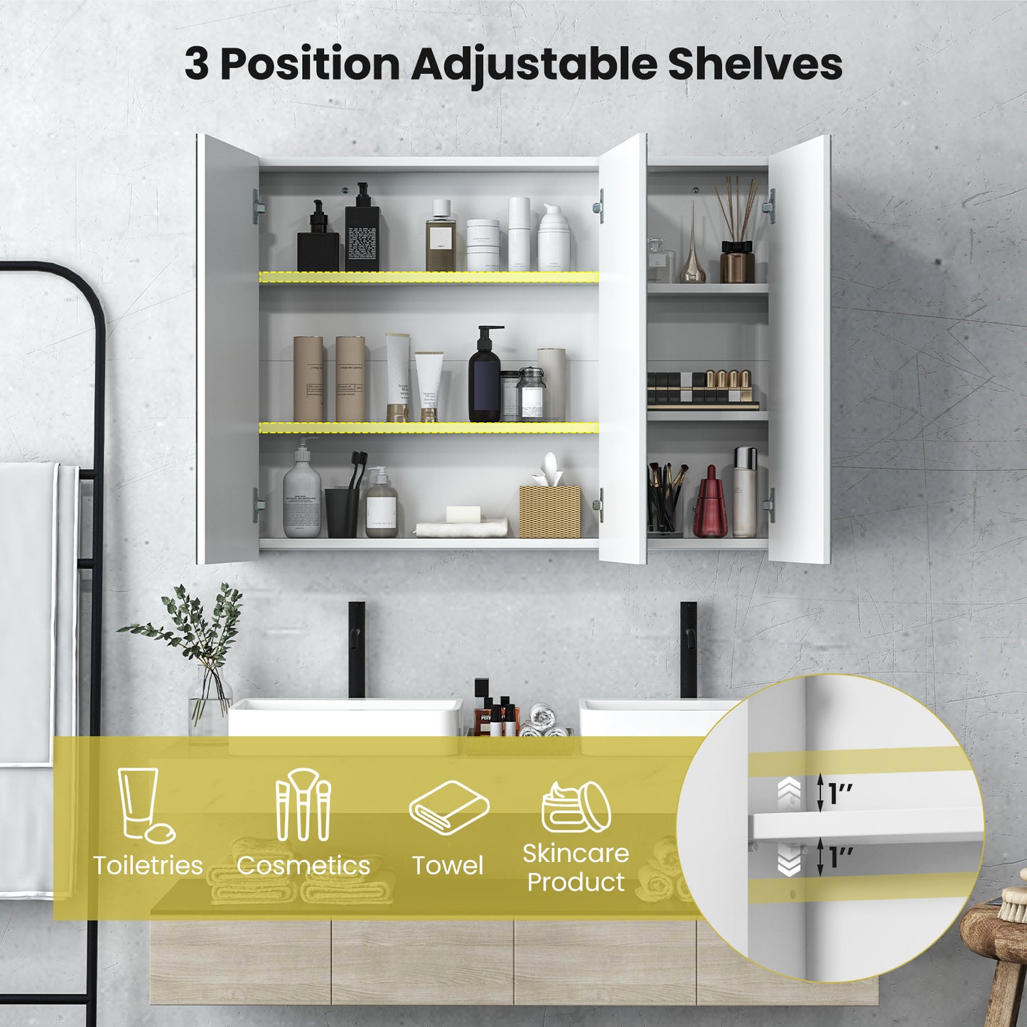 Topbuy Medicine Mirror Cabinet Space Saving Bathroom Wall Cabinet with Metal Hinge Adjustable Shelf Expansion Bolt