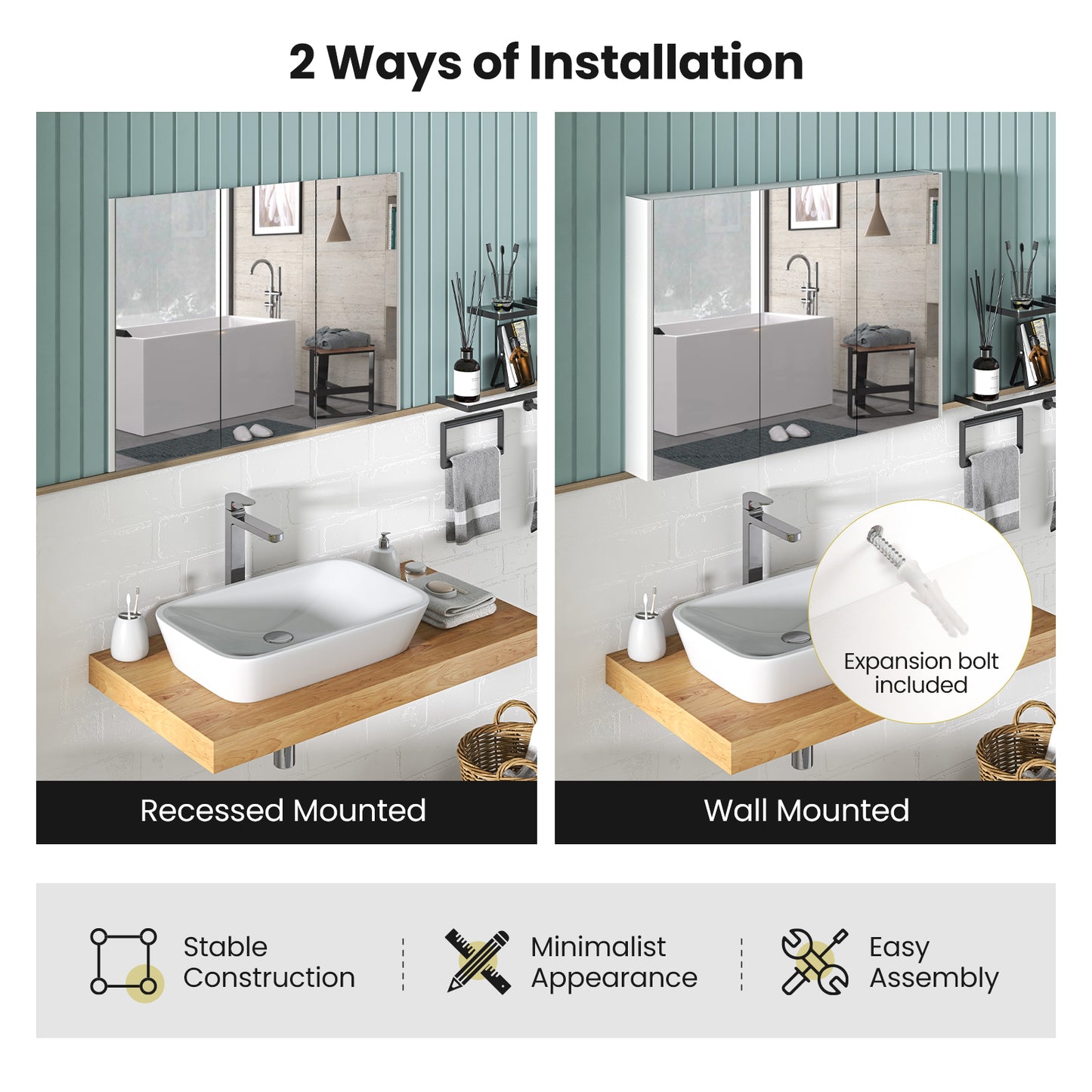Topbuy Medicine Mirror Cabinet Space Saving Bathroom Wall Cabinet with Metal Hinge Adjustable Shelf Expansion Bolt