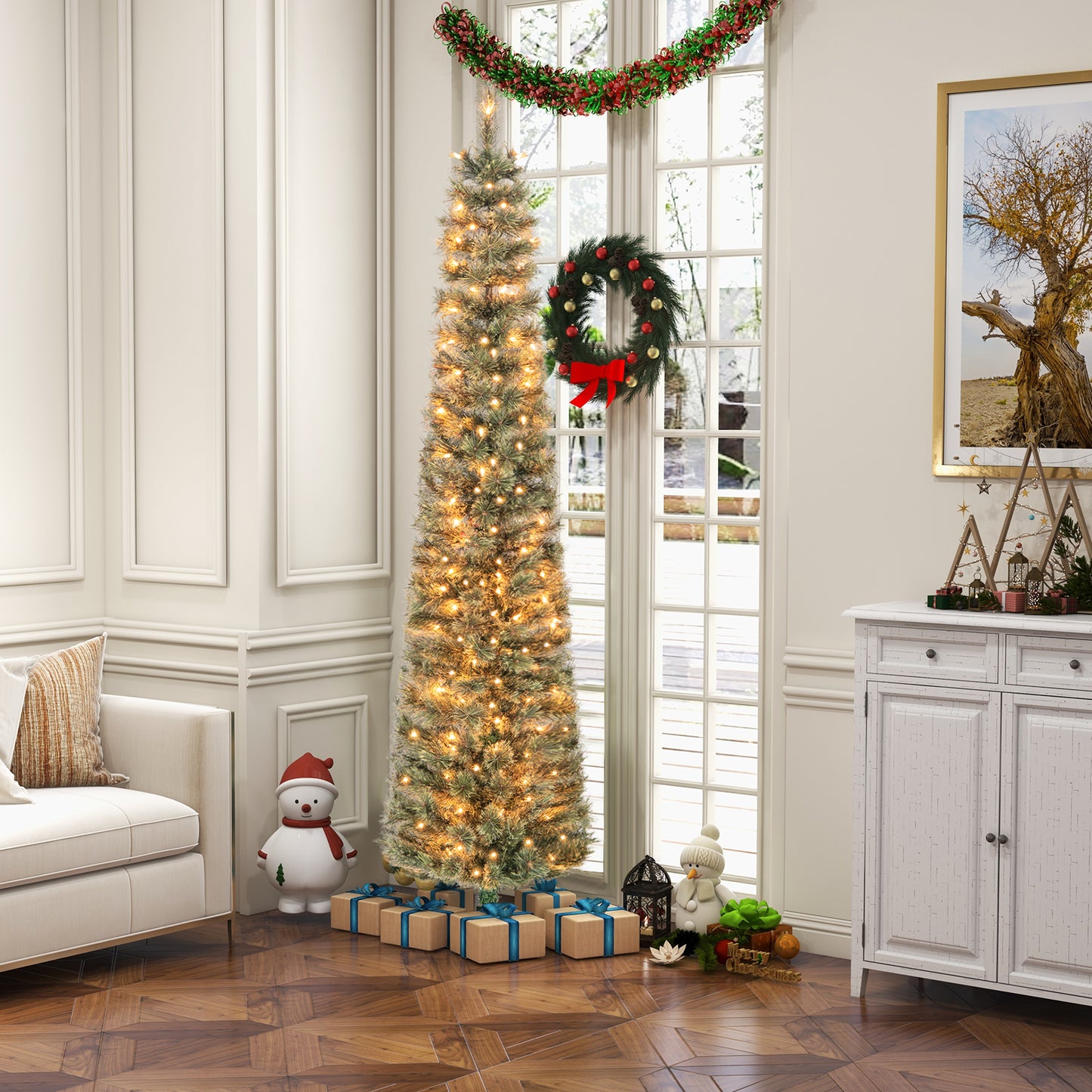 Topbuy 6/7FT Pre-lit Artificial Christmas Tree Pencil Xmas Tree with Pine Needles 235/280 Branch Tips 105/150 Warm White Lights