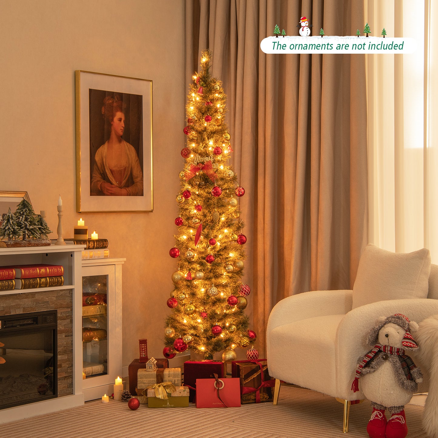 Topbuy 6/7FT Pre-lit Artificial Christmas Tree Pencil Xmas Tree with Pine Needles 235/280 Branch Tips 105/150 Warm White Lights