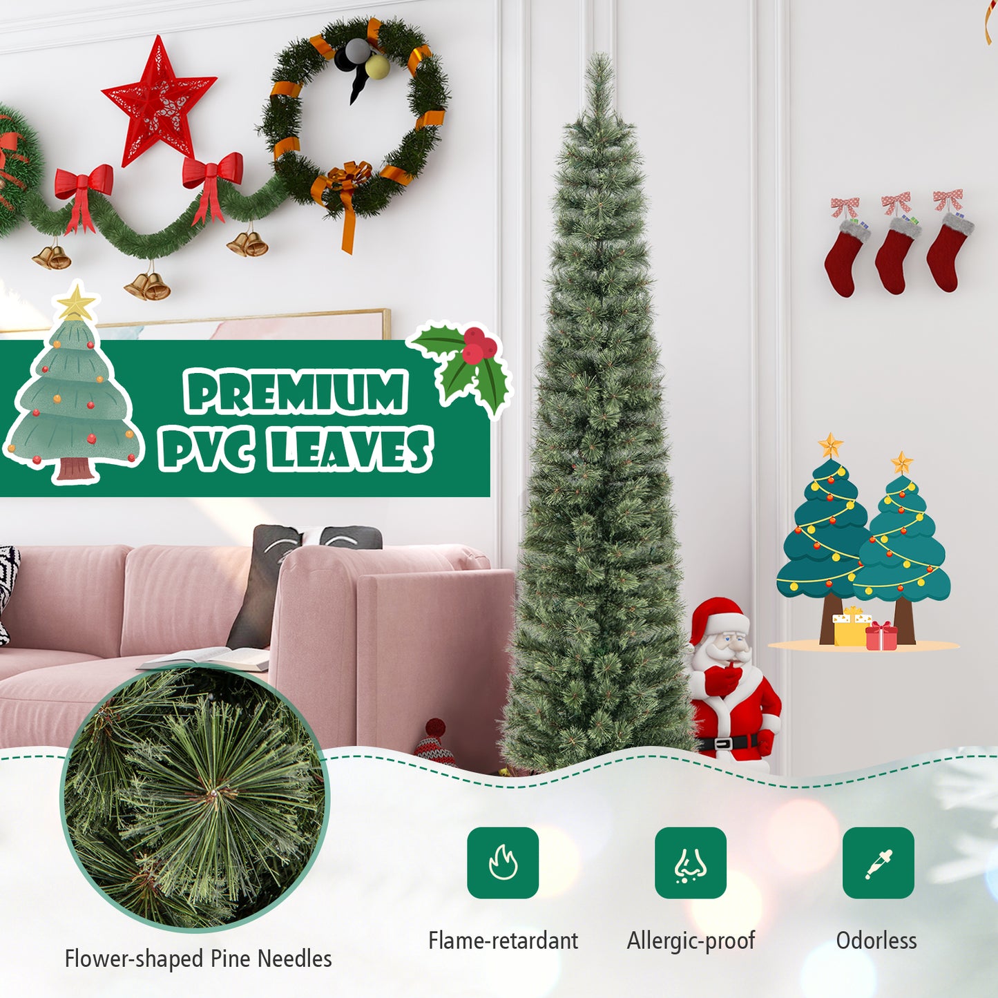 Topbuy 6/7FT Pre-lit Artificial Christmas Tree Pencil Xmas Tree with Pine Needles 235/280 Branch Tips 105/150 Warm White Lights