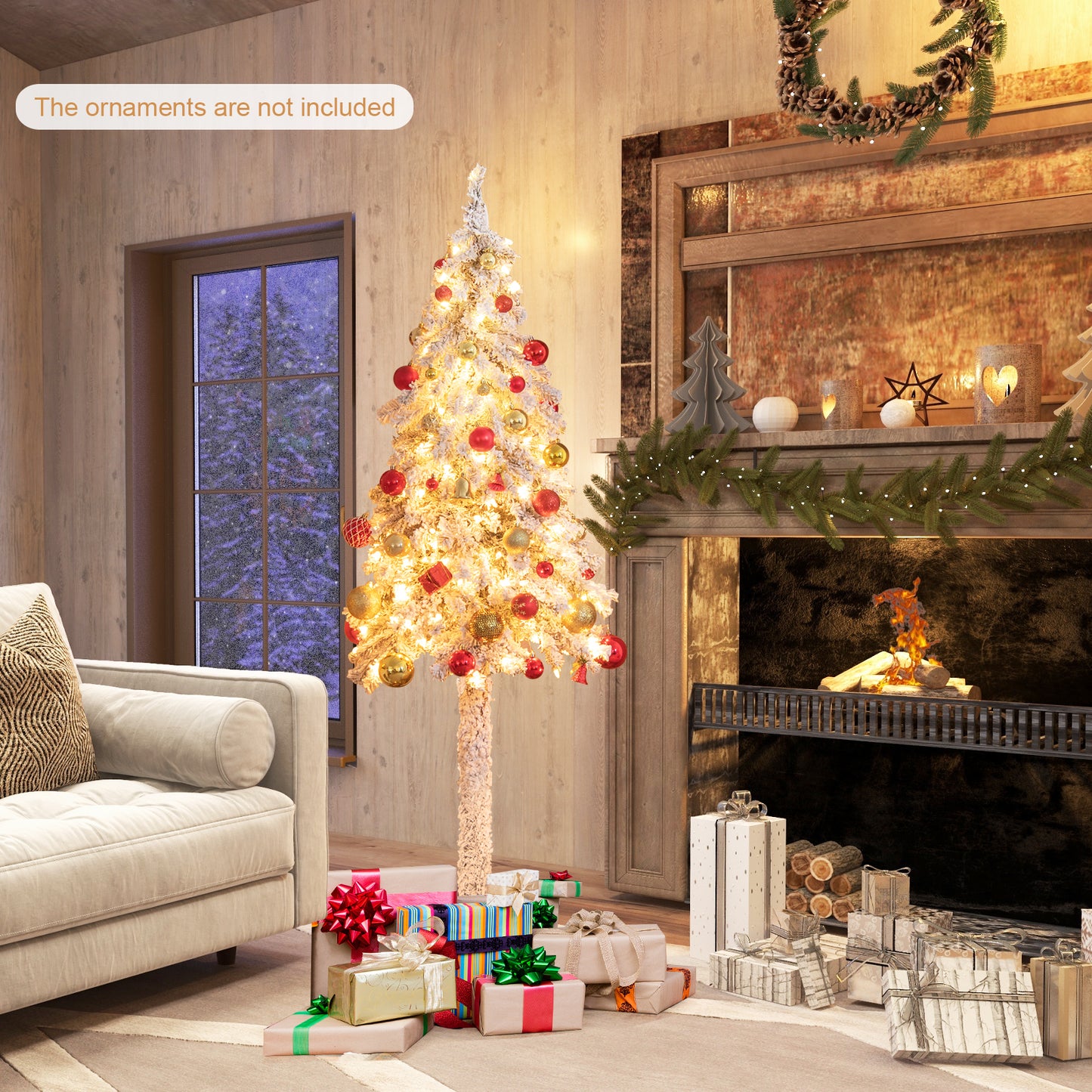 Topbuy 6FT Pre-lit Artificial Christmas Tree Snow-flocked Pencil Xmas Tree with 442 Branch Tips 175 Warm White Lights