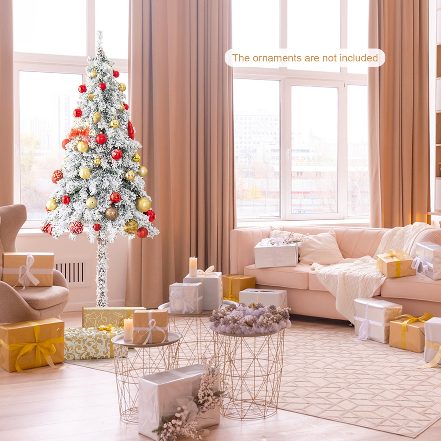 Topbuy 6FT Pre-lit Artificial Christmas Tree Snow-flocked Pencil Xmas Tree with 442 Branch Tips 175 Warm White Lights