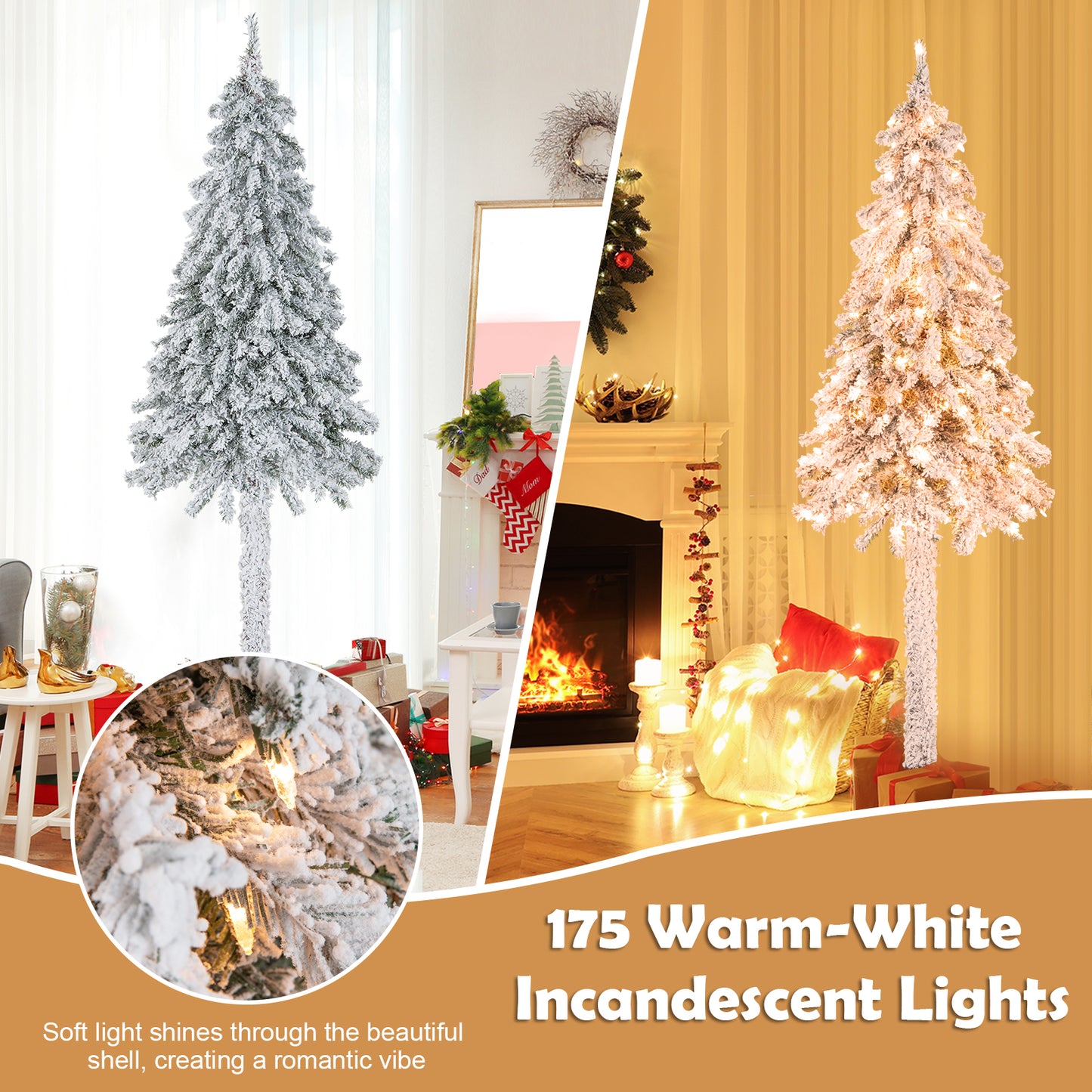 Topbuy 6FT Pre-lit Artificial Christmas Tree Snow-flocked Pencil Xmas Tree with 442 Branch Tips 175 Warm White Lights