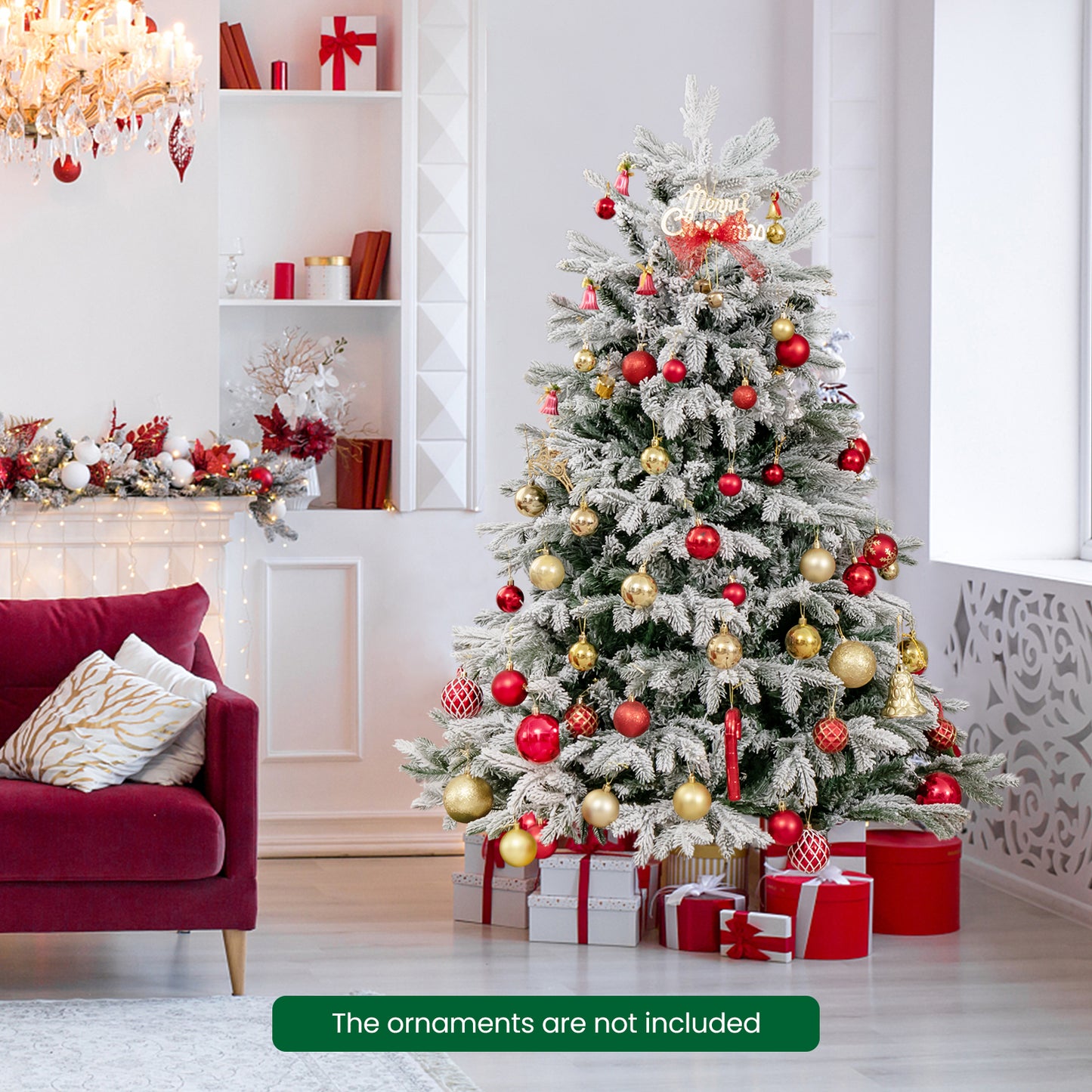 Topbuy 4.5/6/7 FT Pre-lit Artificial Christmas Tree Snow-flocked Xmas Tree with 200/350/450 Warm White LED Lights 688/1022/1328 Branch Tips