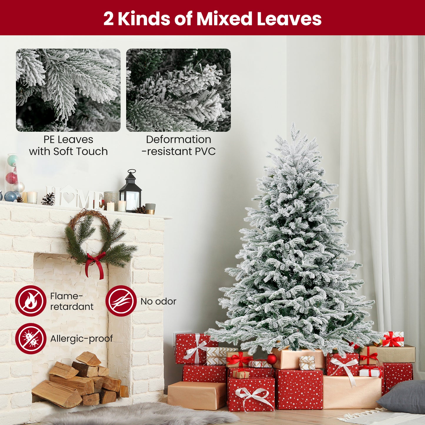 Topbuy 4.5/6/7 FT Pre-lit Artificial Christmas Tree Snow-flocked Xmas Tree with 200/350/450 Warm White LED Lights 688/1022/1328 Branch Tips