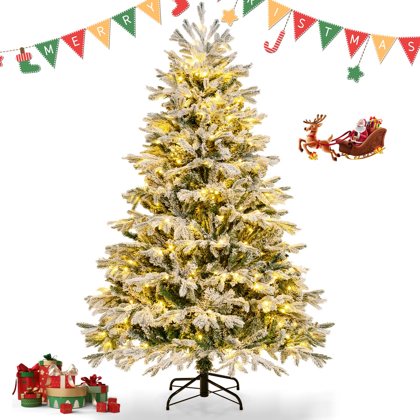 Topbuy 4.5/6/7 FT Pre-lit Artificial Christmas Tree Snow-flocked Xmas Tree with 200/350/450 Warm White LED Lights 688/1022/1328 Branch Tips