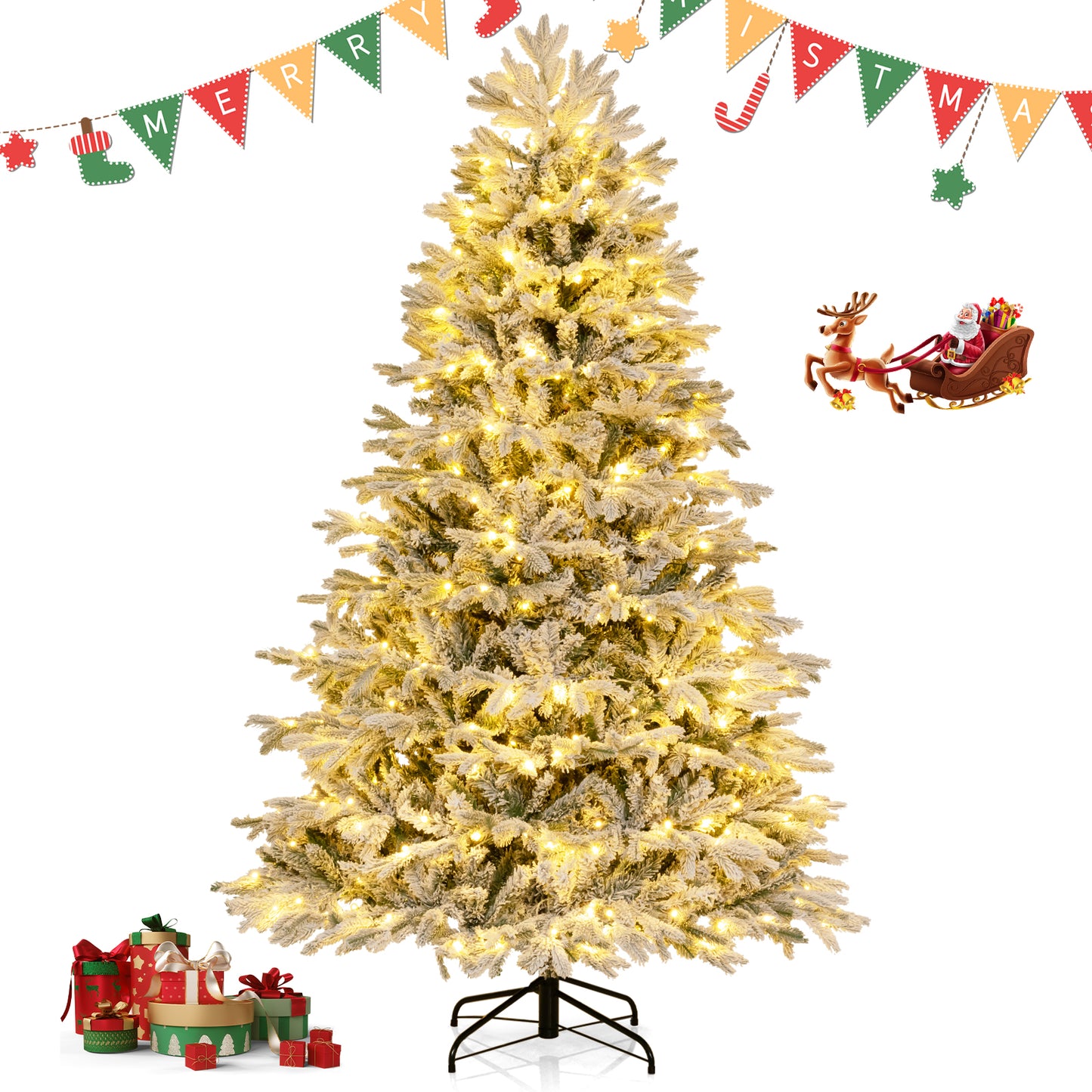 Topbuy 4.5/6/7 FT Pre-lit Artificial Christmas Tree Snow-flocked Xmas Tree with 200/350/450 Warm White LED Lights 688/1022/1328 Branch Tips