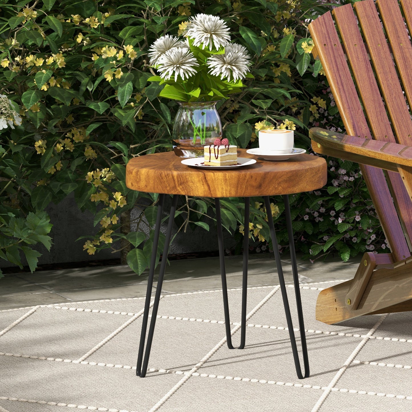 Topbuy 1PC/2PCS Solid Teak Wood Side Table Indoor Outdoor Round Side Table w/ Metal Legs Solid Wood Patio Table