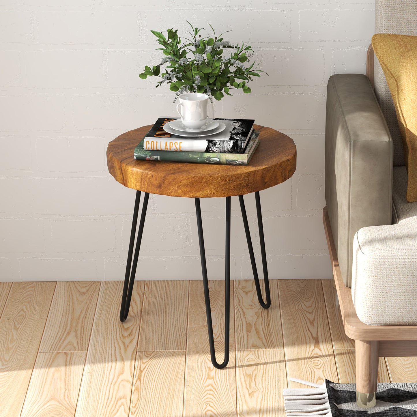 Topbuy 1PC/2PCS Solid Teak Wood Side Table Indoor Outdoor Round Side Table w/ Metal Legs Solid Wood Patio Table