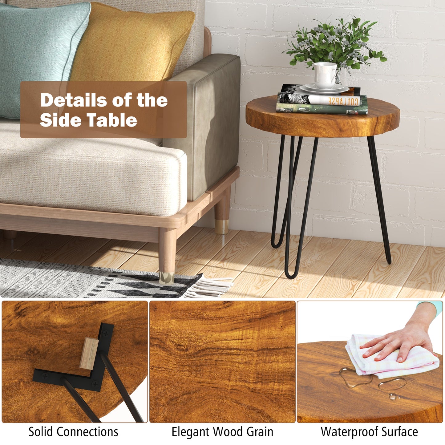 Topbuy 1PC/2PCS Solid Teak Wood Side Table Indoor Outdoor Round Side Table w/ Metal Legs Solid Wood Patio Table