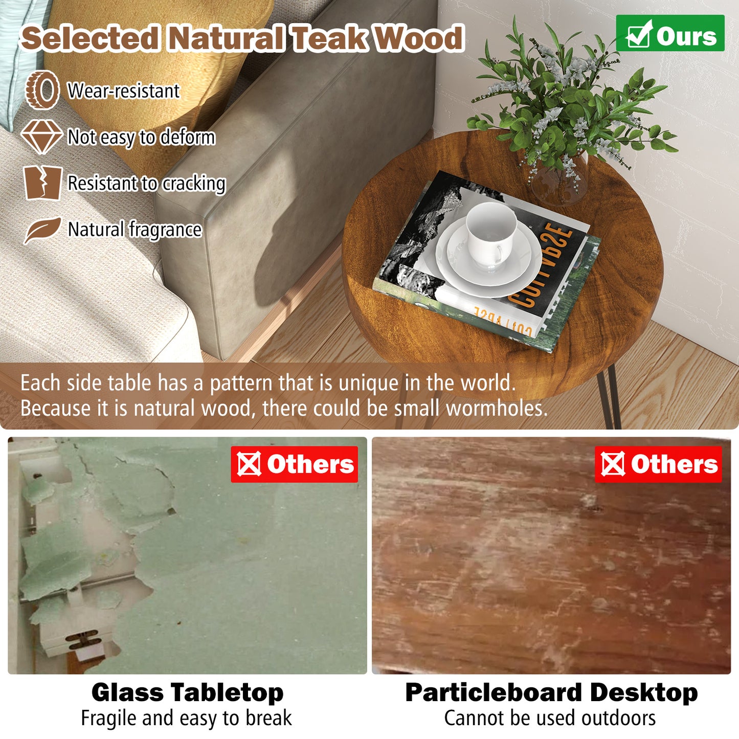 Topbuy 1PC/2PCS Solid Teak Wood Side Table Indoor Outdoor Round Side Table w/ Metal Legs Solid Wood Patio Table