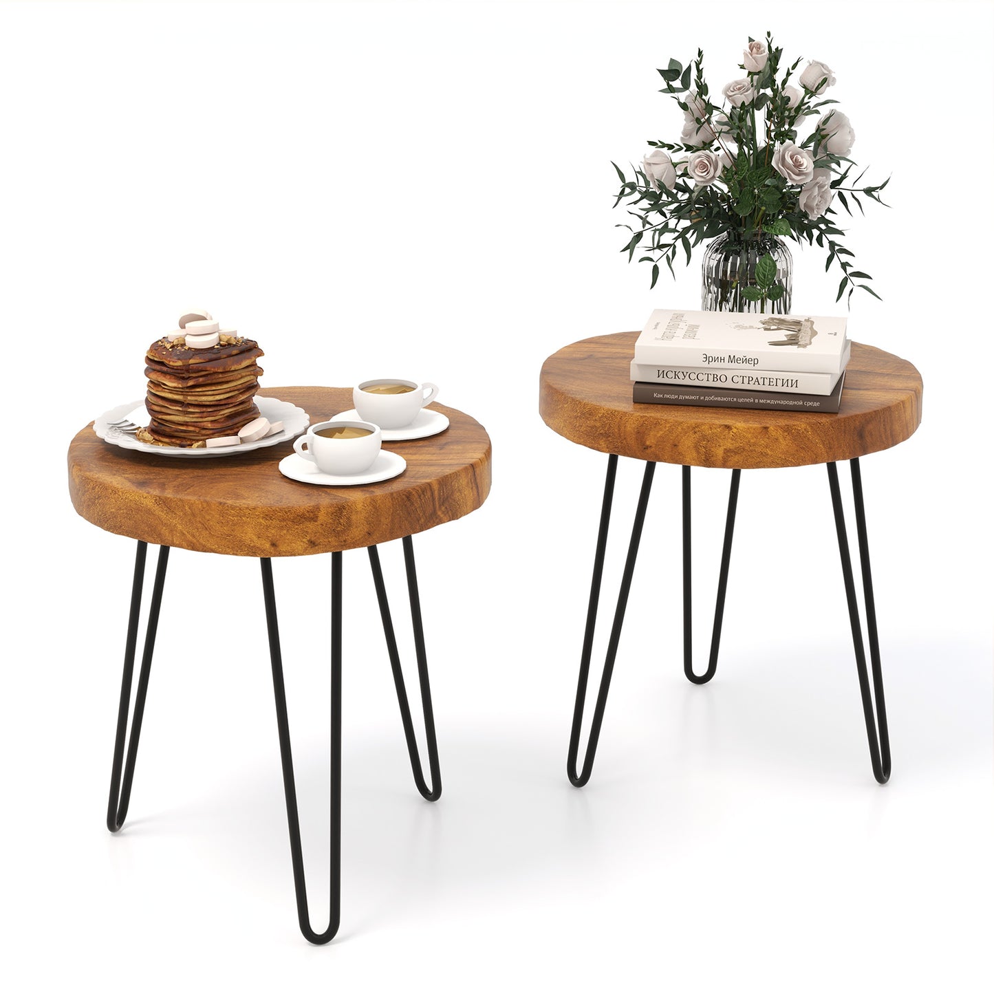 Topbuy 1PC/2PCS Solid Teak Wood Side Table Indoor Outdoor Round Side Table w/ Metal Legs Solid Wood Patio Table