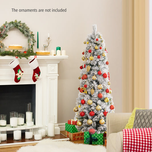 Topbuy 4.5/6/7FT Pre-lit Artificial Christmas Tree Snow-flocked Pencil Xmas Tree with 100/150/210 Warm White Lights 258/373/466 Branch Tips