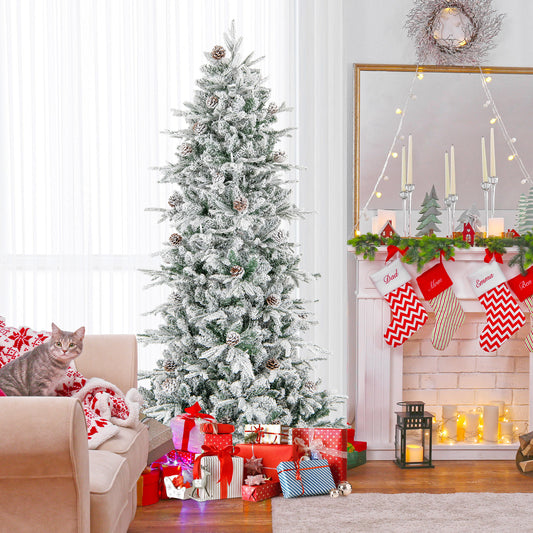 Topbuy 6/7.5 FT Pre-lit Artificial Christmas Tree Snow-flocked Hinged Xmas Tree with 210/350 Warm White Lights 715/1107 Mixed Branch Tips