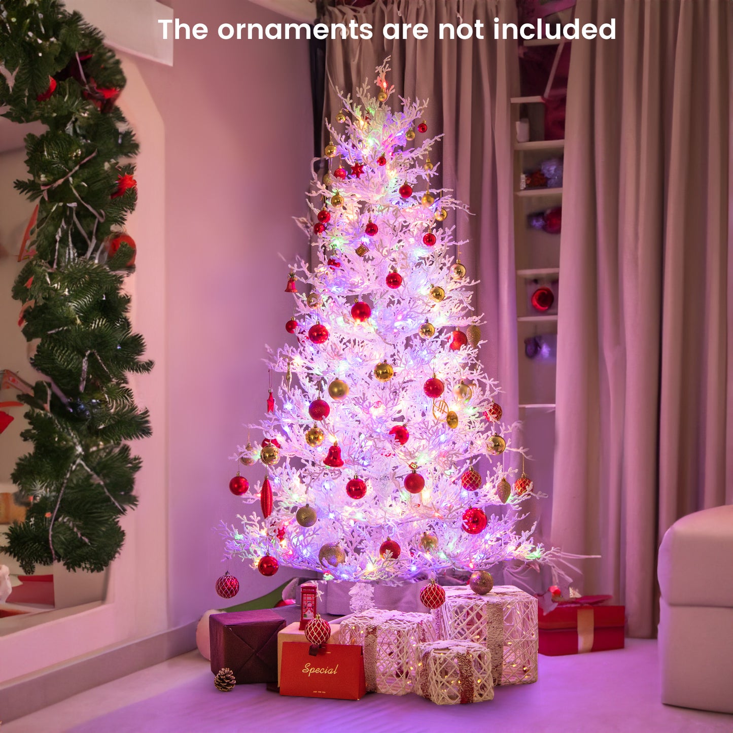 Topbuy 6FT Pre-lit Artificial Xmas Tree Hinged Christmas Tree with 383 Snow Flocked Branch Tips 300 Warm White & Multi-colored LED Lights