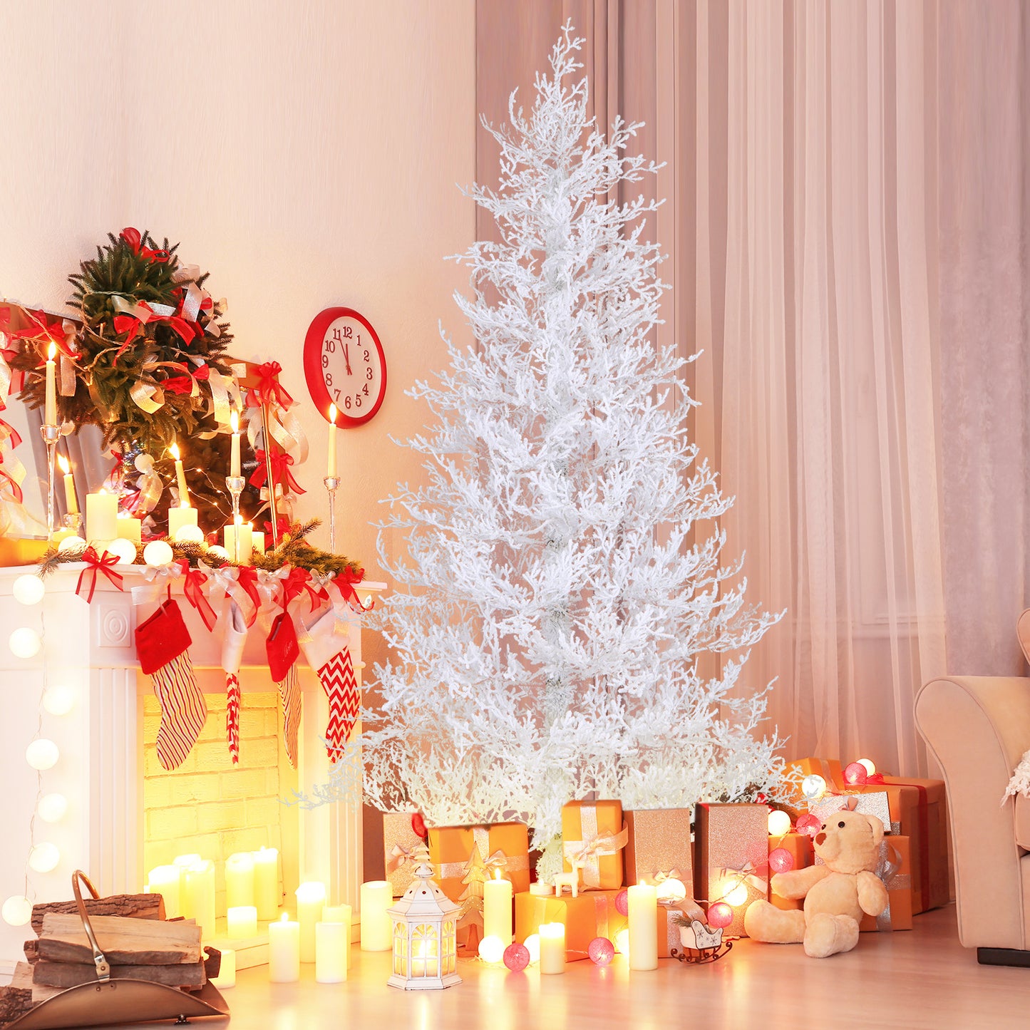 Topbuy 6FT Pre-lit Artificial Xmas Tree Hinged Christmas Tree with 383 Snow Flocked Branch Tips 300 Warm White & Multi-colored LED Lights