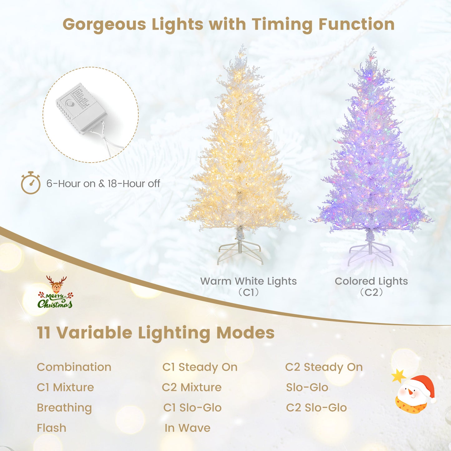 Topbuy 6FT Pre-lit Artificial Xmas Tree Hinged Christmas Tree with 383 Snow Flocked Branch Tips 300 Warm White & Multi-colored LED Lights