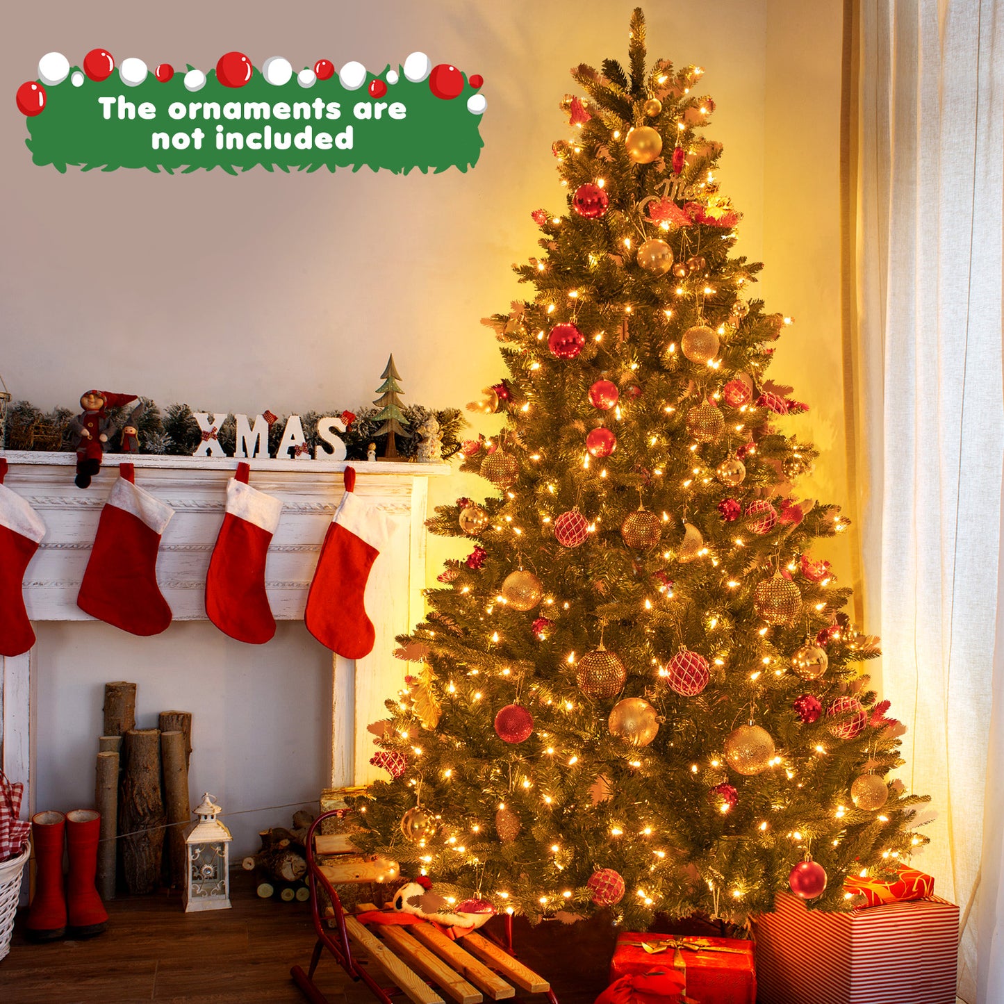 Topbuy 6FT Pre-lit Artificial Christmas Tree Hinged Xmas Tree with 500 Warm White Lights 912 Mixed Branch Tips