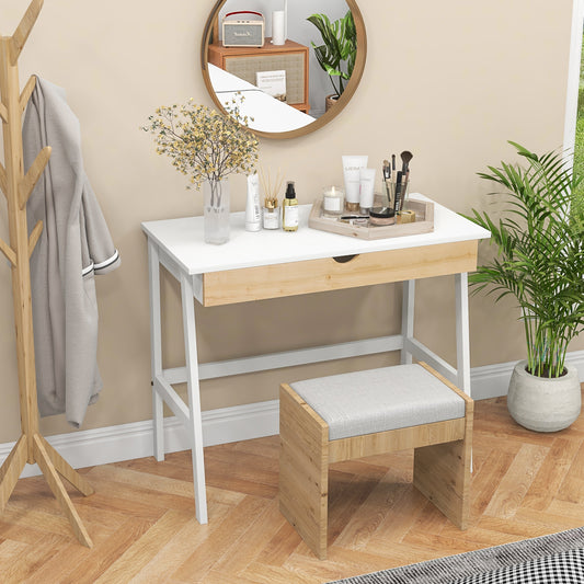 Topbuy White Computer Desk with Storage Wood Modern Writing Desk Large Drawer & Rubber Wood Legs Study Desk for Small Space