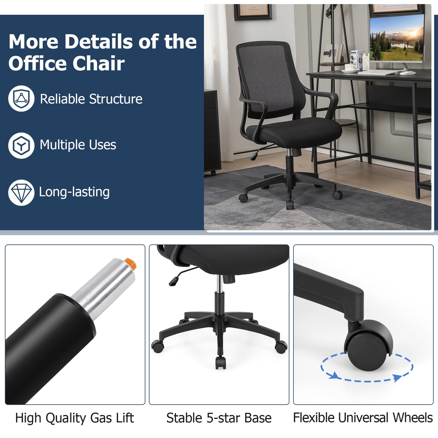 Topbuy Ergonomic Office Chair Height-adjustable Home Office Chair Breathable Mesh Computer w/ Wheels Swivel Task Desk Chair