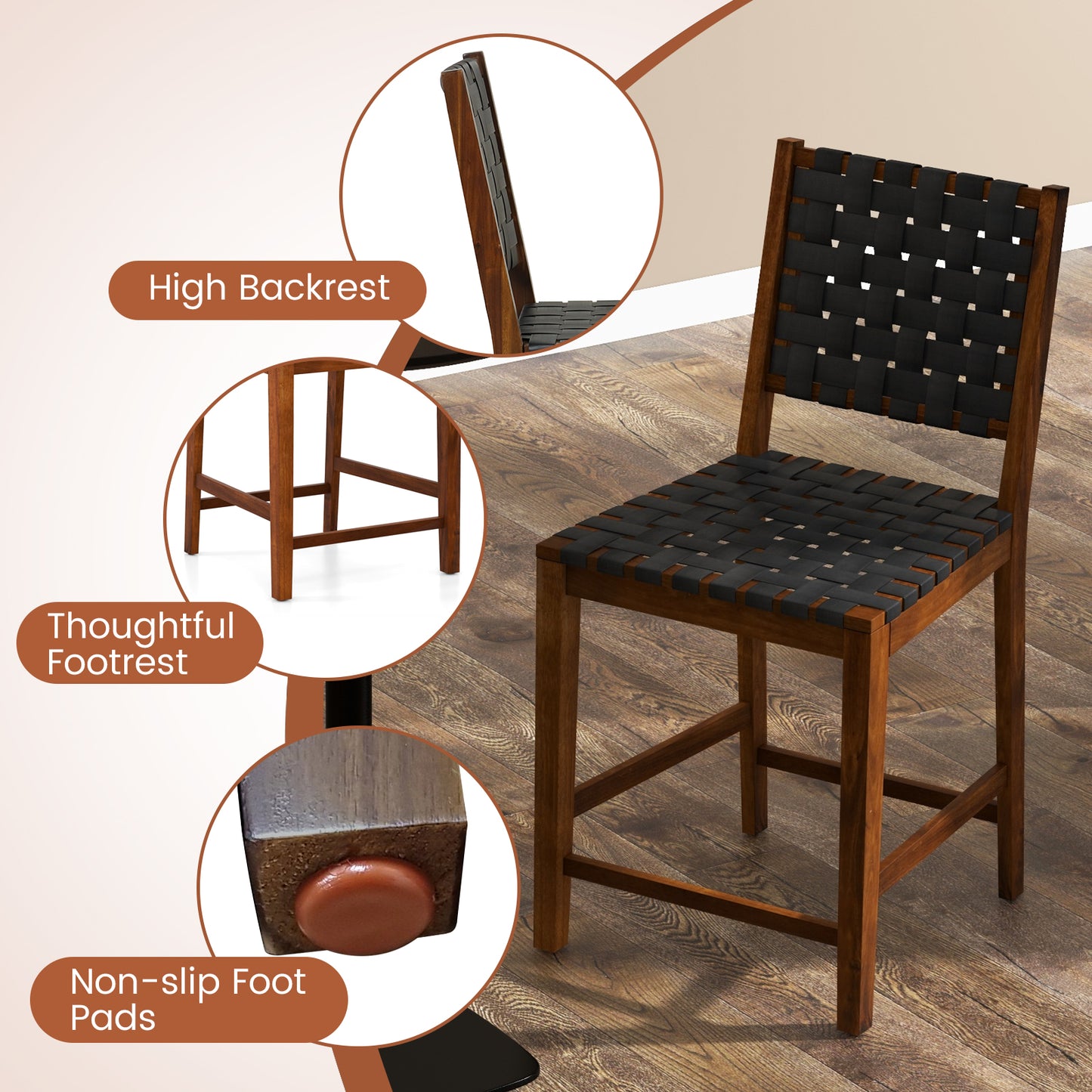 Topbuy Faux Leather Woven Bar Stools Set of 2/4 24 Inch Counter Height Bar Chairs with High Backrest Footrest
