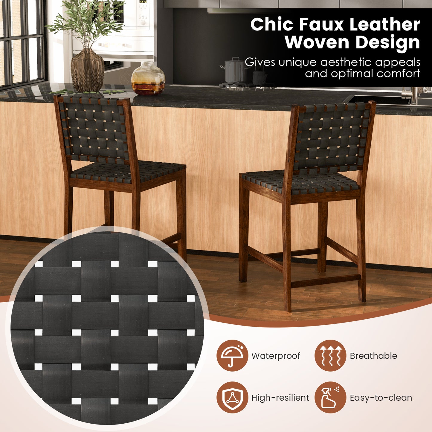 Topbuy Faux Leather Woven Bar Stools Set of 2/4 24 Inch Counter Height Bar Chairs with High Backrest Footrest