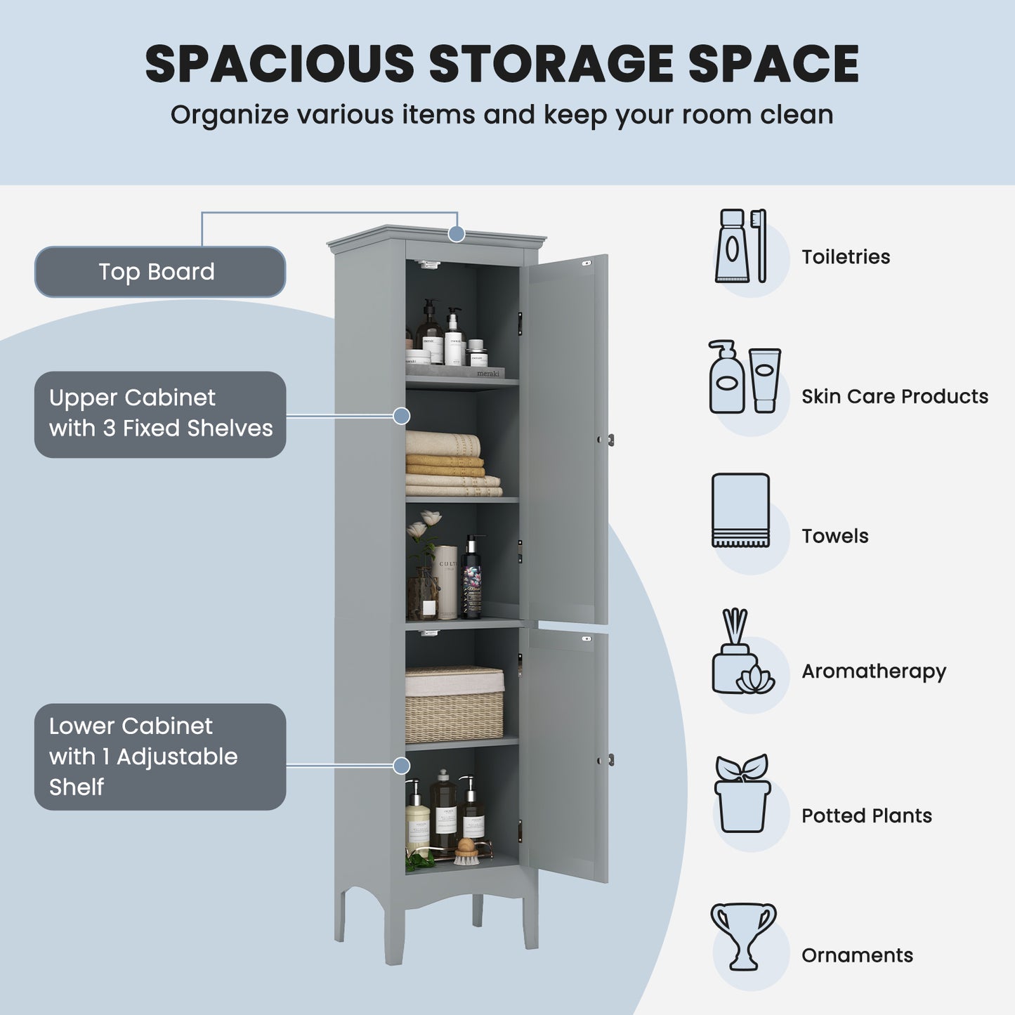 Topbuy Freestanding Bathroom Storage Cabinet Tall Narrow Storage Cabinet with 1 Adjustable Shelf 1 Drawer and 2 Doors Gray/Coffee/Black/White