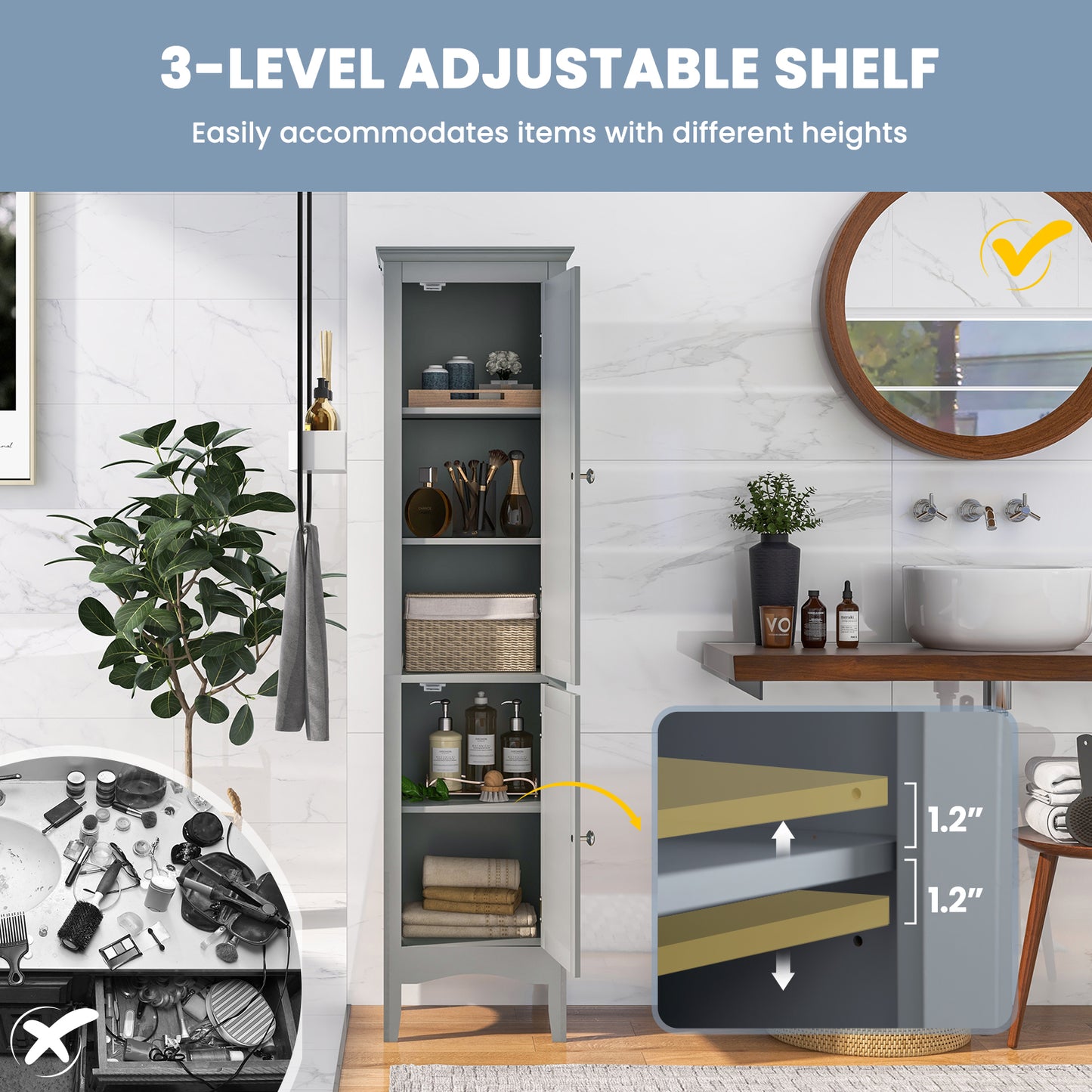 Topbuy Freestanding Bathroom Storage Cabinet Tall Narrow Storage Cabinet with 1 Adjustable Shelf 1 Drawer and 2 Doors Gray/Coffee/Black/White