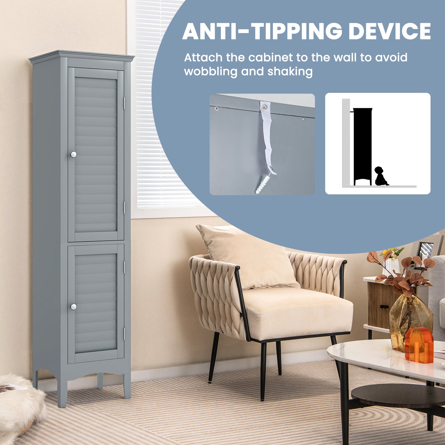 Topbuy Freestanding Bathroom Storage Cabinet Tall Narrow Storage Cabinet with 1 Adjustable Shelf 1 Drawer and 2 Doors Gray/Coffee/Black/White
