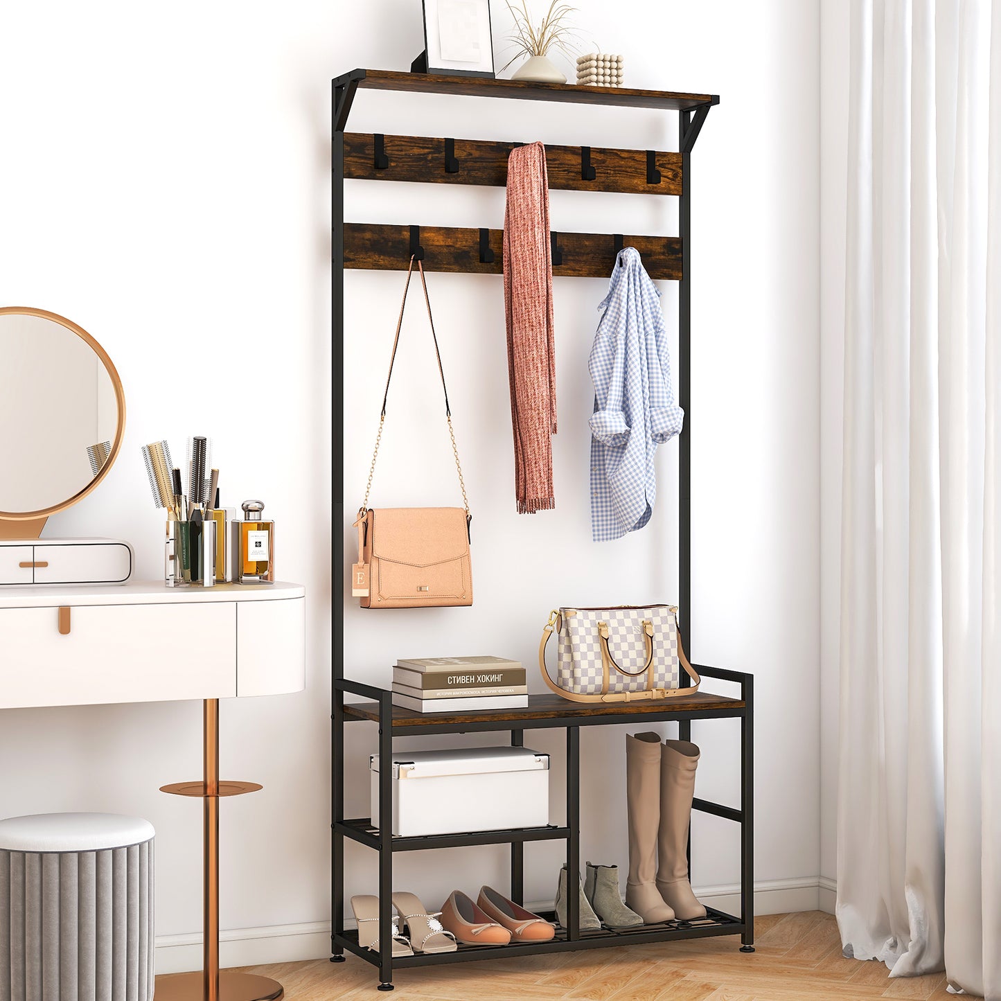 Topbuy 3-in-1 entryway coat rack vintage industrial hall tree storage shelf with storage bench and coat rack entryway bench