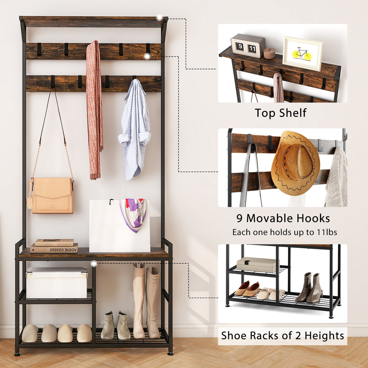 Topbuy 3-in-1 entryway coat rack vintage industrial hall tree storage shelf with storage bench and coat rack entryway bench