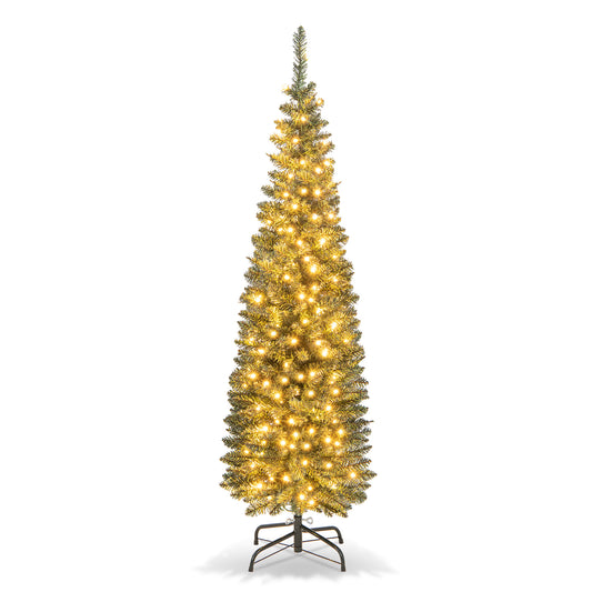 Topbuy 5/6/7/8/9FT Artificial Christmas Tree Pre-lit Pencil Xmas Tree with 296/390/499/591/699 Branch Tips 150/180/200/300/400 Warm White LED Lights