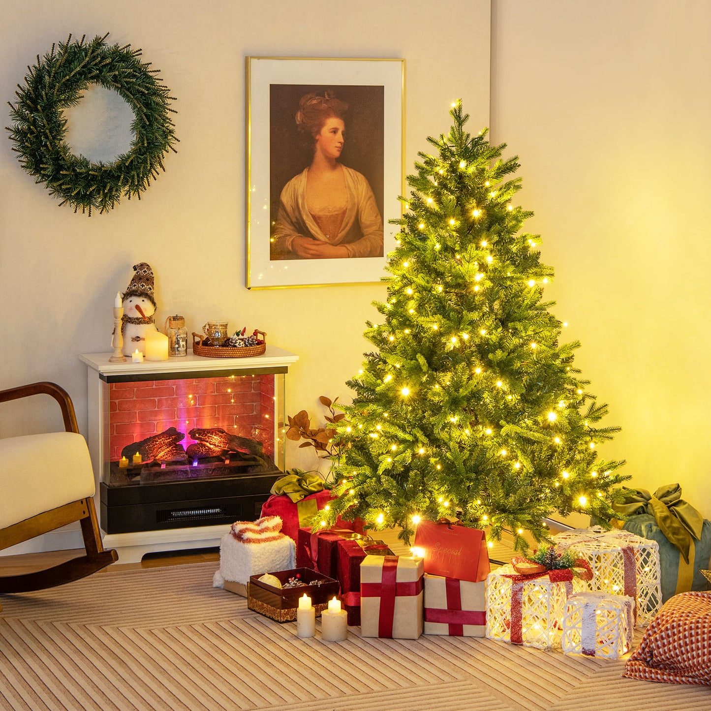 Topbuy 5/6/7 FT Pre-lit Artificial Christmas Tree Hinged Xmas Tree with 844/1168/1646 Branch Tips 250/350/470 Multi-color & Warm White LED Lights