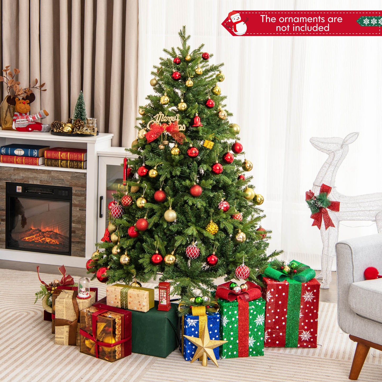 Topbuy 5/6/7 FT Pre-lit Artificial Christmas Tree Hinged Xmas Tree with 844/1168/1646 Branch Tips 250/350/470 Multi-color & Warm White LED Lights