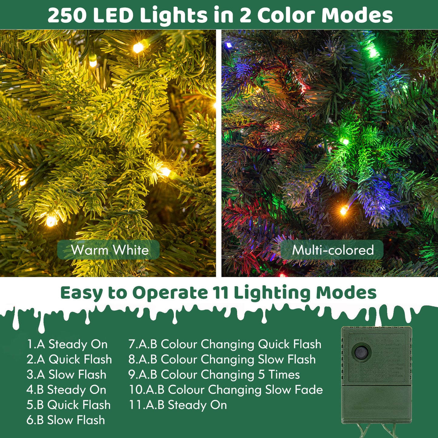Topbuy 5/6/7 FT Pre-lit Artificial Christmas Tree Hinged Xmas Tree with 844/1168/1646 Branch Tips 250/350/470 Multi-color & Warm White LED Lights
