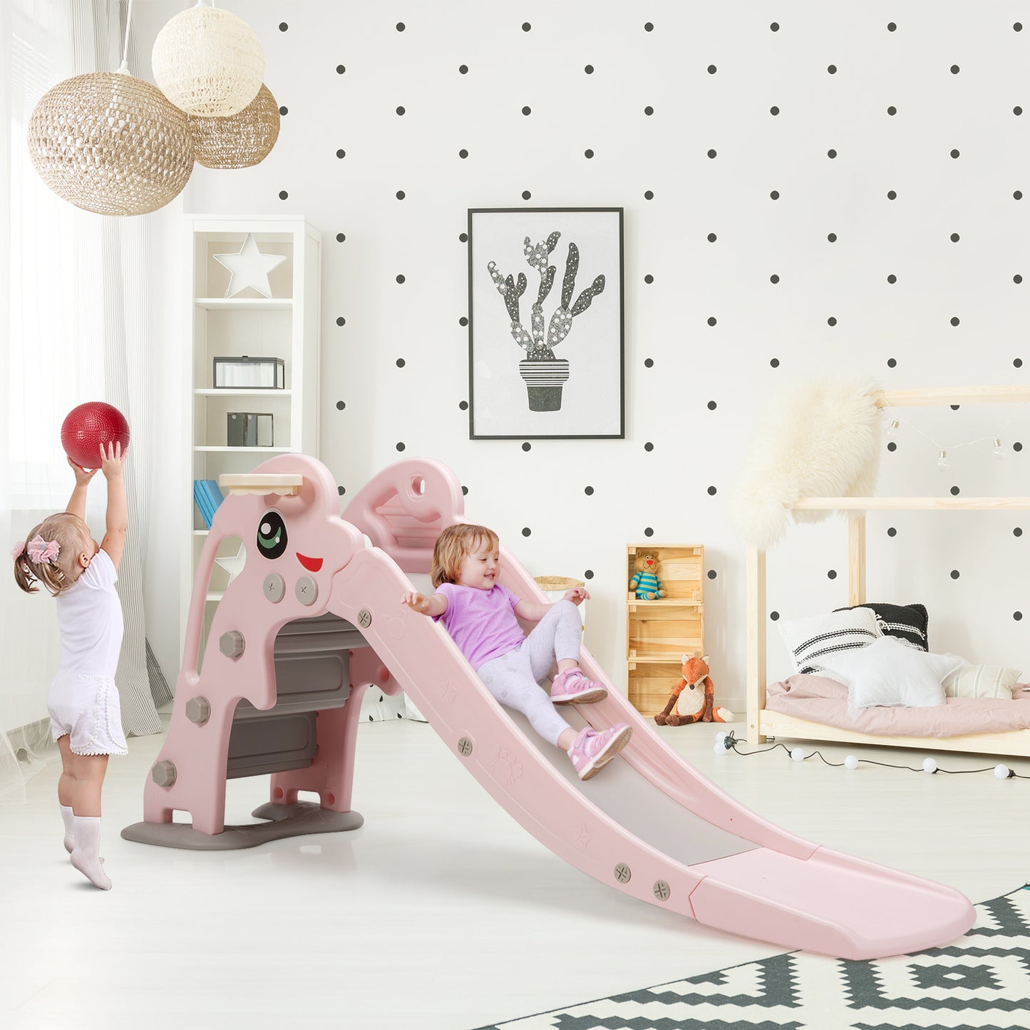 Topbuy 3-in-1 Kids Dolphin Slide Baby Play Climber Slide Set with Basketball Hoop Green/Pink